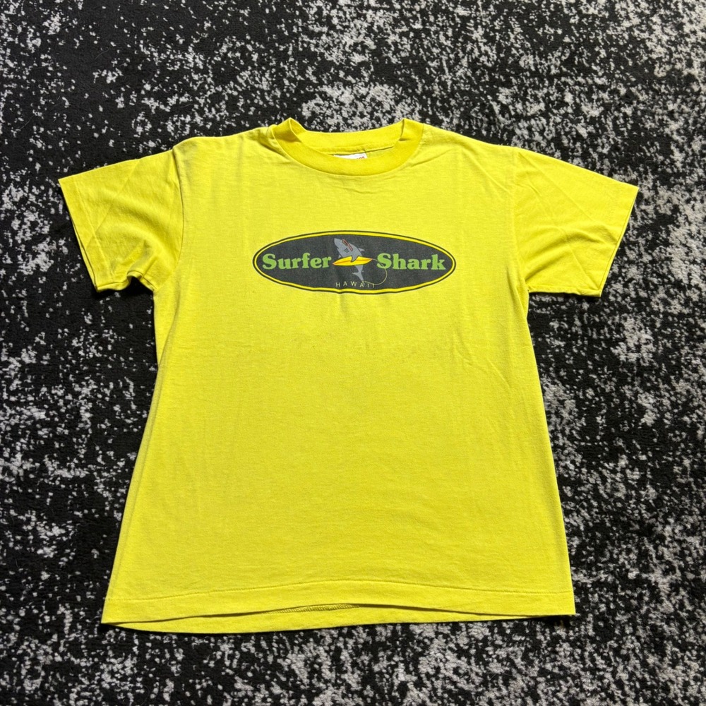 Vintage Hanes Heavyweight 50/50 Surfer Shark Hawaii T-Shirt Yellow Single Stitch